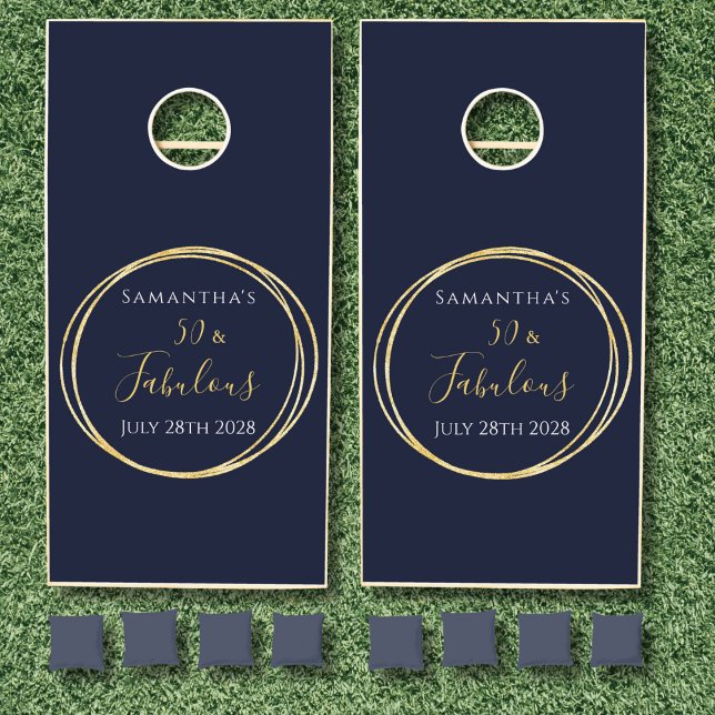 Custom 50th Birthday Navy Gold Birthday Party Cornhole Set (Creator Uploaded)