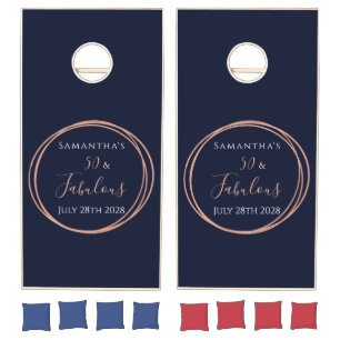 Custom 50th Birthday Navy Rose Gold Birthday Party Cornhole Set
