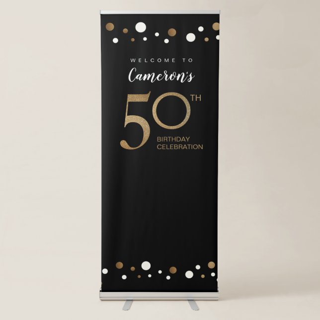 Custom 50th birthday party gold black retractable banner (Front)