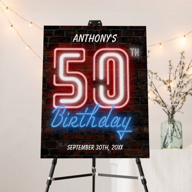 Custom 50th Birthday Party Retro Neon Welcome Sign (In Situ (Stand))