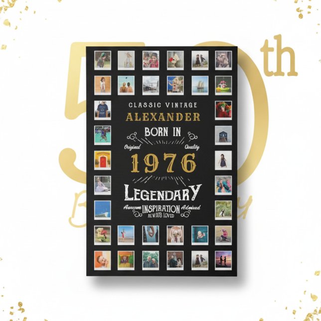 Custom 50th Birthday Photo Collage Family Memories Faux Canvas Print (1976 faux canvas photo grid on a white and gold background.)