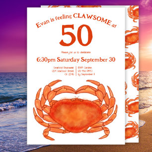 Custom 50th Birthday Watercolor Crab Seafood Pun Invitation