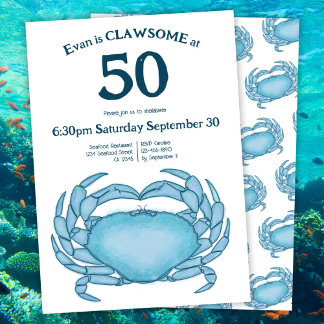 Custom 50th Birthday Watercolor Crab Seafood Pun Invitation