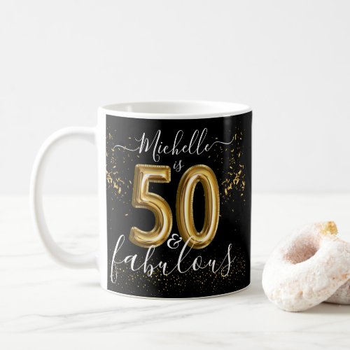 Custom 50th Fabulous Birthday Black Gold Balloons Coffee Mug
