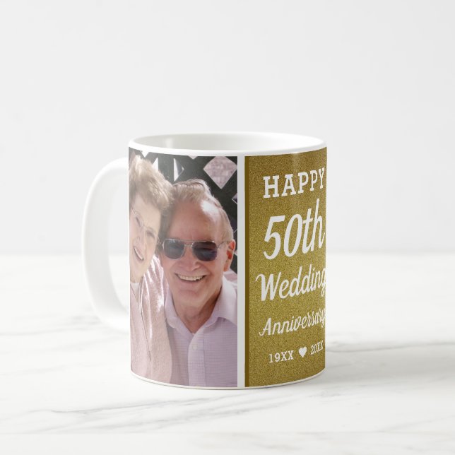 Custom 50th Golden Anniversary 2 Photo Collage Coffee Mug (Front Left)
