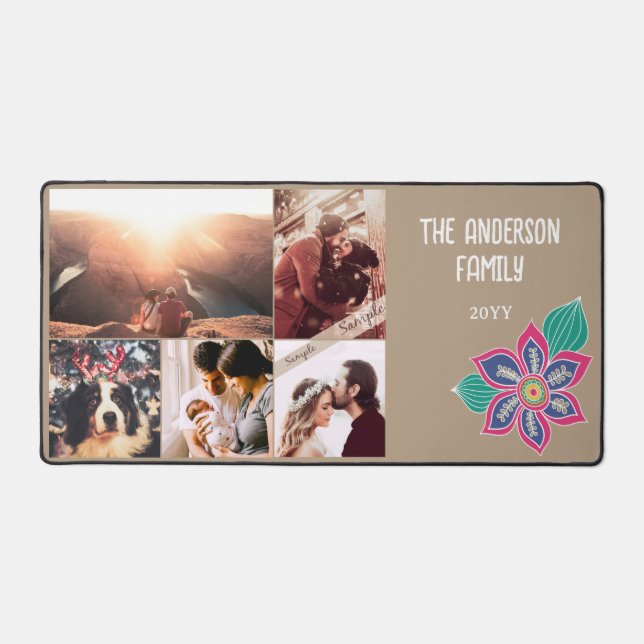 Custom 5 Photo Collage Colorful Bohemian Flower  Desk Mat (Front)