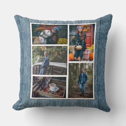 Custom 5 Photo Collage Denim Blue Jeans Throw Pillow