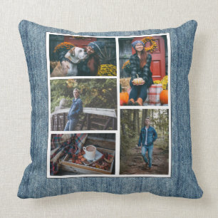 Custom /5 Photo Collage Denim Blue Jeans Throw Pillow