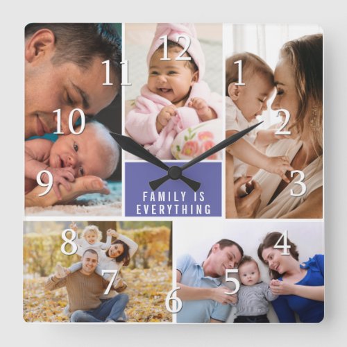 Custom 5 Photo Collage Family Quote Periwinkle   Square Wall Clock