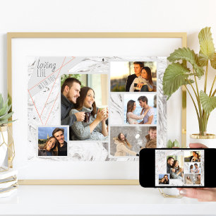 Custom 5 Photo Collage Loving Life Grey Marble Poster
