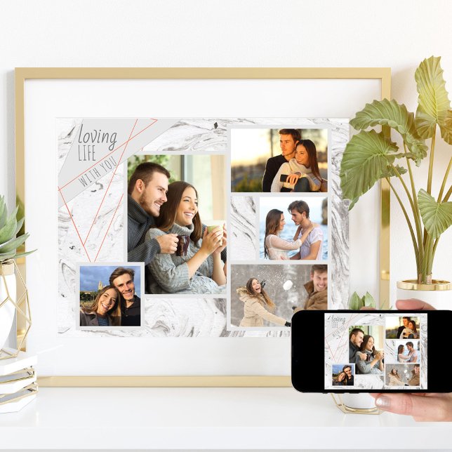 Custom 5 Photo Collage Loving Life Grey Marble Poster (Creator Uploaded)