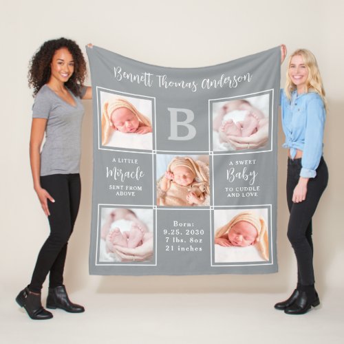 Custom 5 Photo Collage Newborn Baby Birth Stats Fleece Blanket