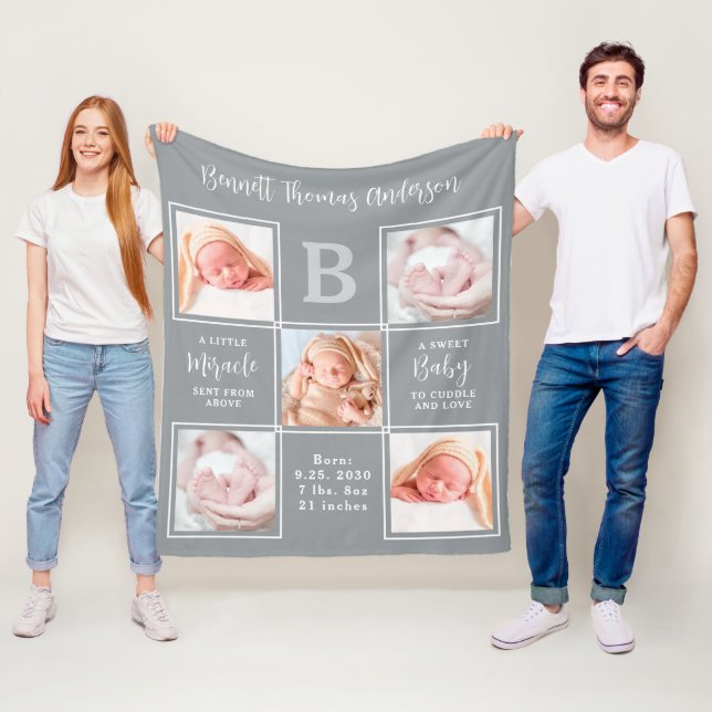 Custom 5 Photo Collage Newborn Baby Birth Stats Fleece Blanket (In Situ)