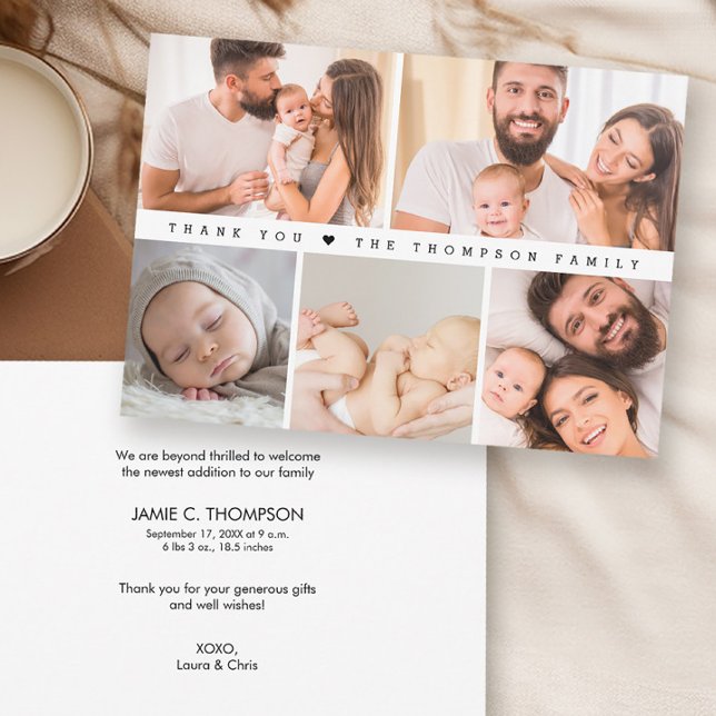 Custom 5 Photo Collage Simple Thank you Baby  (Birth announcement and thank you photo collage simple cards.)