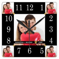 Custom 5 Photo Collage Wedding Anniversary Black Square Wall Clock