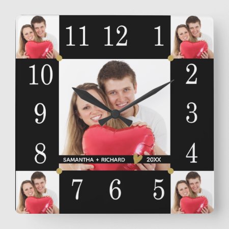 Custom 5 Photo Collage Wedding Anniversary Black Square Wall Clock