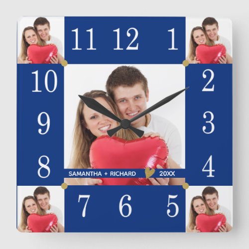 Custom 5 Photo Collage Wedding Anniversary Blue Square Wall Clock