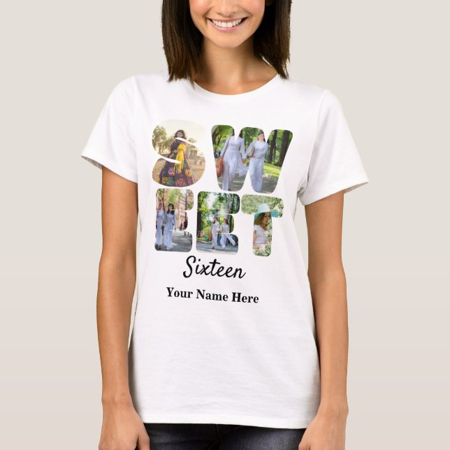 Custom 5 photo sweet sixteen letter shape photos T-Shirt (Front)