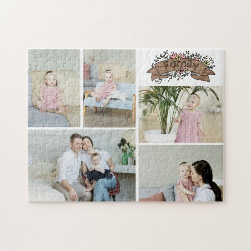 Custom 5 Photo With Rustic Family Floral Banner Jigsaw Puzzle