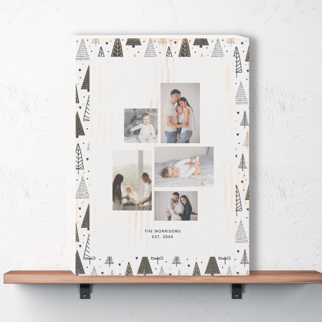 Custom 5 Photos Collage Name Winter Pine Trees Wooden Box Sign (Creator Uploaded)