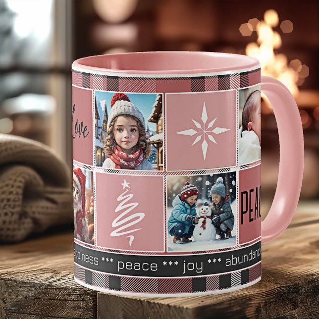Custom 5 Photos Sweet Pink Plaid Christmas Coffee Mug (Christmas mug featuring 5 custom photos on a sweet pink plaid design with tree and snowflake outline)