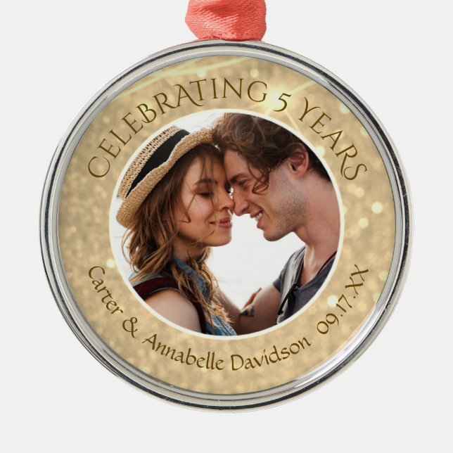 Custom 5th Anniversary | Gold Sparkle Photo Metal Ornament (Front)