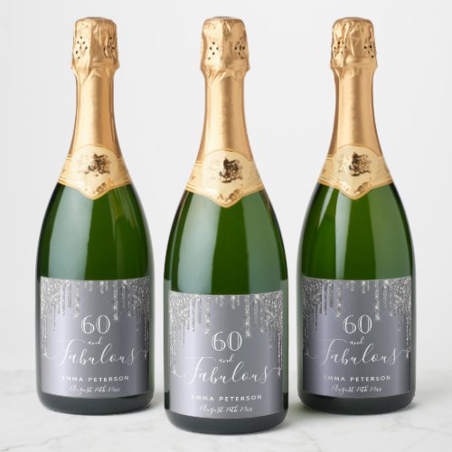 Custom 60 fabulous birthday glitter silver sparkle sparkling wine label