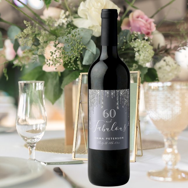 Custom 60 fabulous birthday glitter silver sparkle wine label (Creator Uploaded)