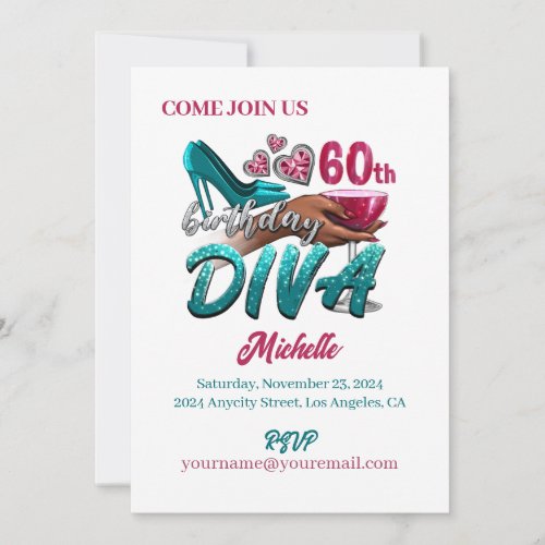 Custom 60th Birthday African American Black Diva   Invitation