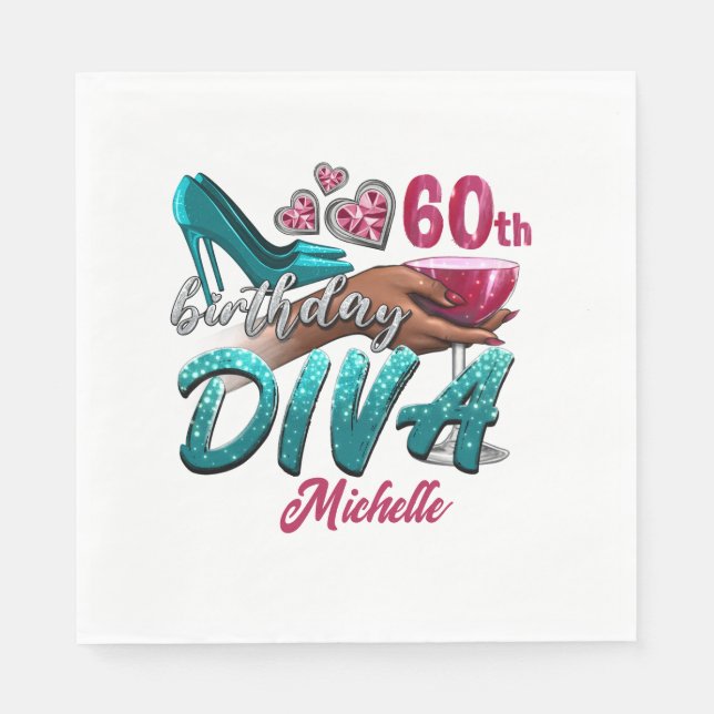 Custom 60th Birthday African American Woman Diva Napkins (Front)