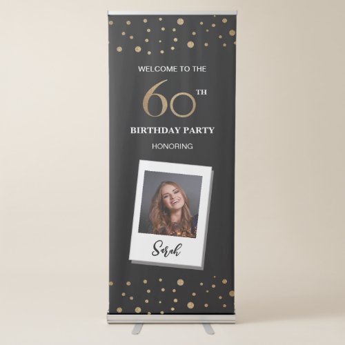 Custom 60th Birthday Confetti Black gold Photo Retractable Banner
