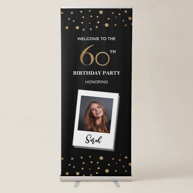Custom 60th Birthday Confetti Black gold Photo Retractable Banner (Front)