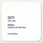 Custom 60th Birthday Funny Museum Label Chic Square Paper Coaster<br><div class="desc">Celebrate turning 60 with this “SIXTY” museum label–style birthday coaster, a witty addition to any milestone party table. Featuring minimalist gallery‑inspired typography with customizable years, plus inside joke lines like “Medium: Grandkids, Golf, Good Sleep” and “Limited Edition” caption, it looks like a clever art exhibit tag for the guest of...</div>