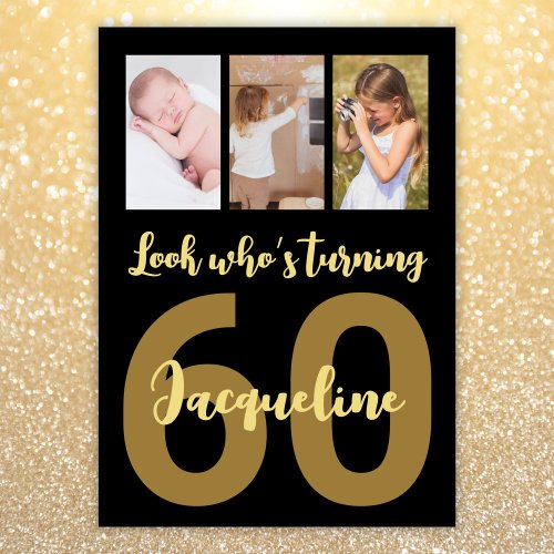 Custom 60th Birthday Gold Modern Photo Collage Invitation