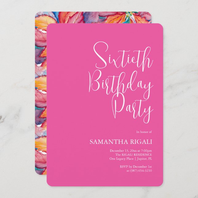 Custom 60th Birthday Invitations Fuchsia Pink (Front/Back)