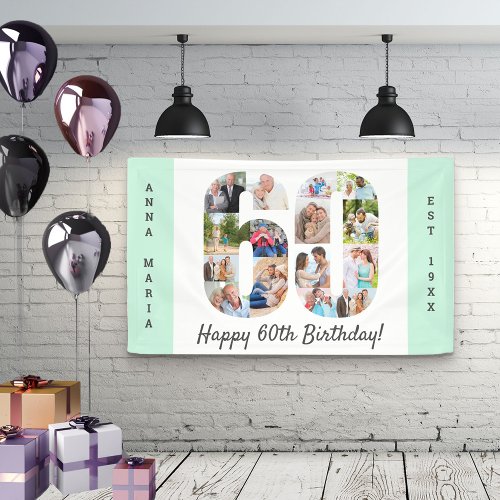 Custom 60th Birthday Party Photo Collage Mint Banner