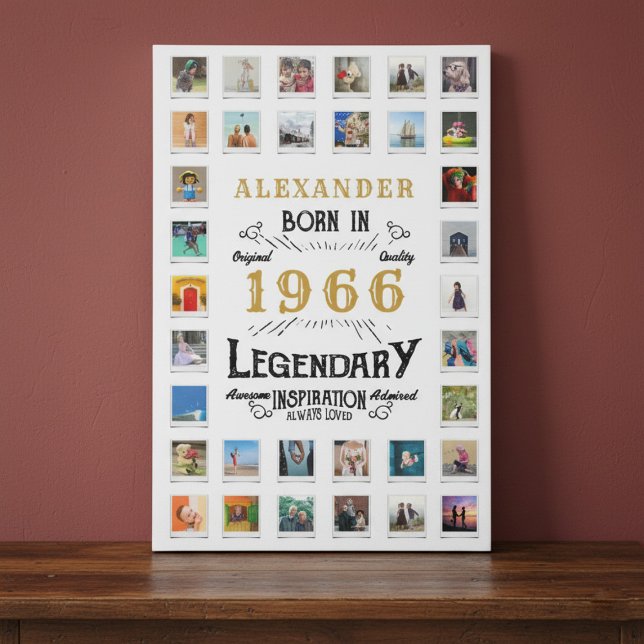 Custom 60th Birthday Photo Collage Family Memories Faux Canvas Print (1966 Faux canvas photo display on a table against a red wall.)