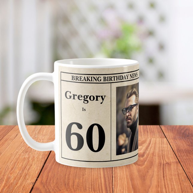 Custom 60th Birthday Retro Newspaper Photo  Coffee Mug (Creator Uploaded)
