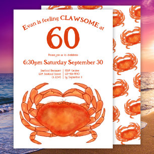 Custom 60th Birthday Watercolor Crab Seafood Pun Invitation