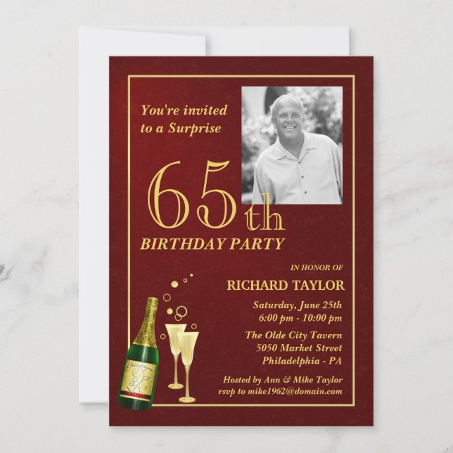 Custom 65th Birthday Party Invitations - Burgundy (Front)