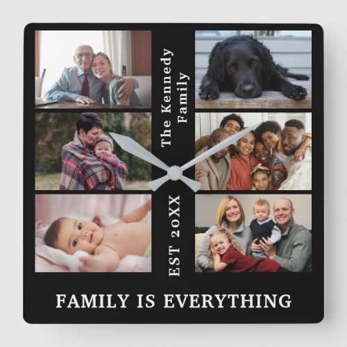 Custom 6 Family photo collage with Family name Square Wall Clock