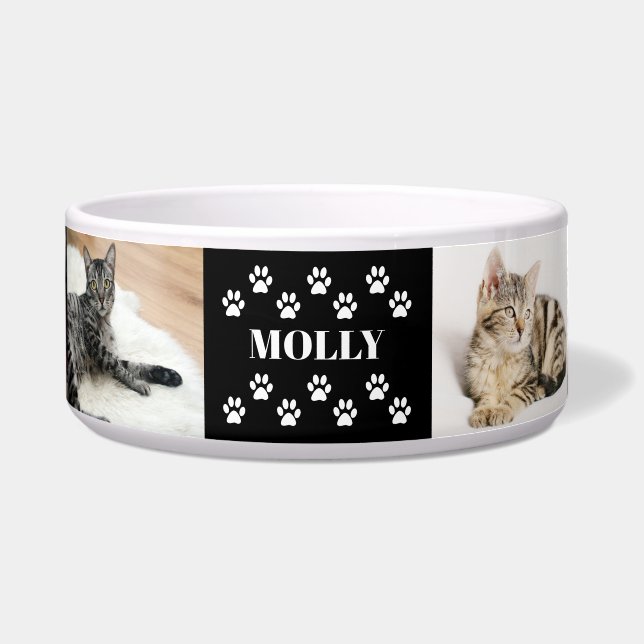 Custom 6 Pet Photo Collage Cat Name black Bowl (Front)