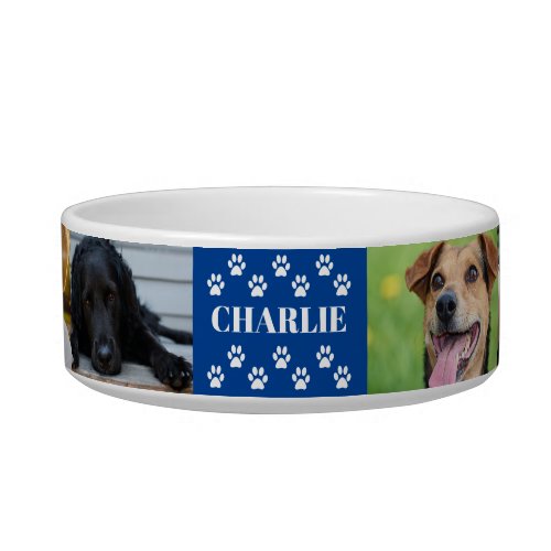 Custom 6 Pet Photo Collage Dog Name blue Bowl