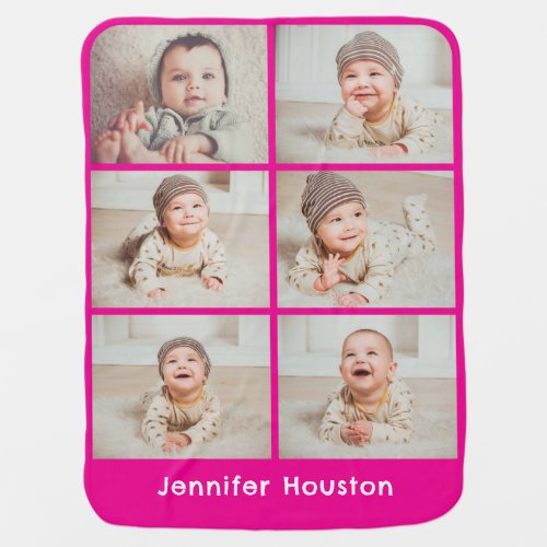 Custom 6 Photo and Name Pink Baby Blanket
