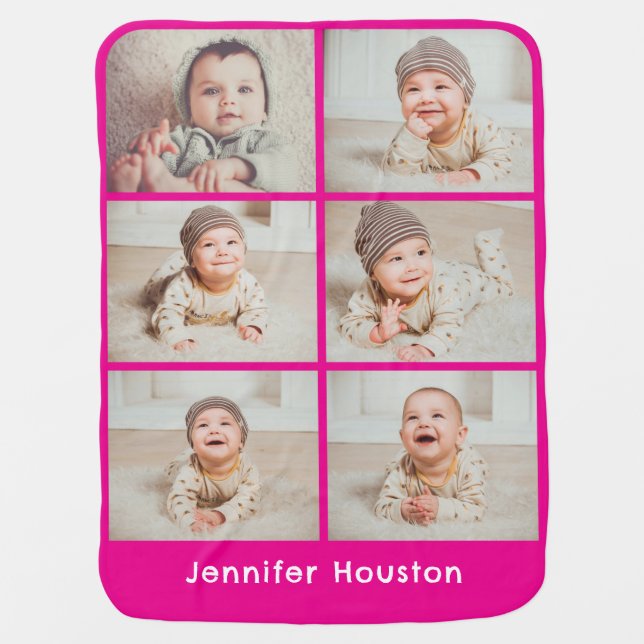 Custom 6 Photo and Name Pink Baby Blanket (Front)