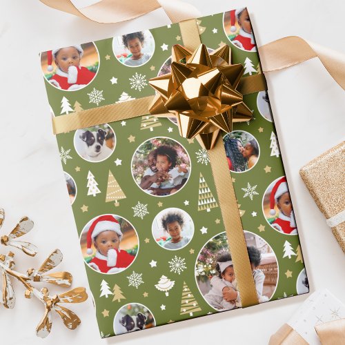 Custom 6 Photo Christmas Trees Olive Wrapping Paper