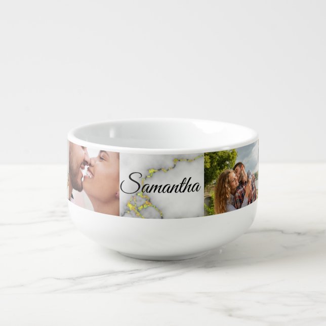 Custom 6 Photo Collage and Name Text Gold Marble Soup Mug (Front)