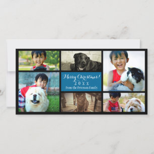 Custom 6 Photo Collage Christmas Blue Holiday Card