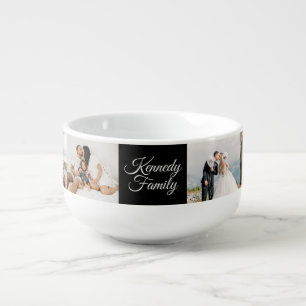 Custom 6 Photo Collage & Family Name black Soup Mug