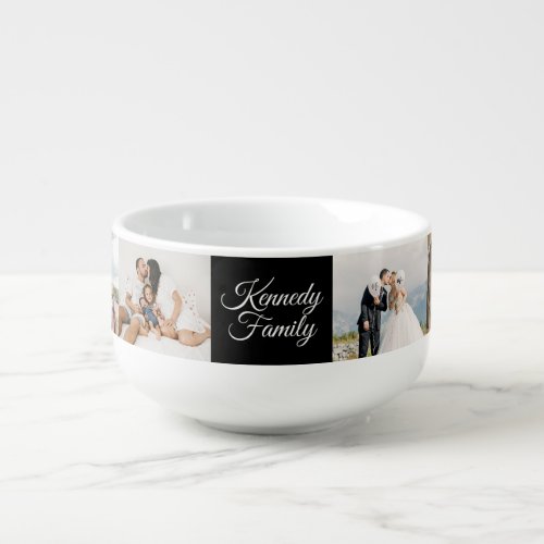 Custom 6 Photo Collage  Family Name black Soup Mug